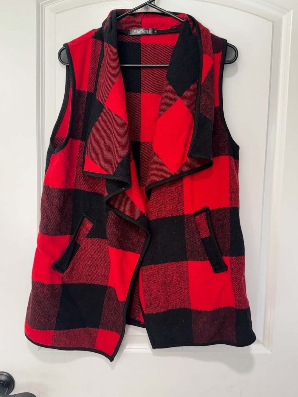 Women’s Lg Red Black Buffalo Plaid Open Front Vest Waterfall Cozy Cabin Grunge